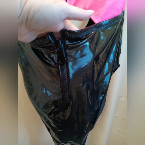 Pink and Black Pleather Cutout Swimsuit - Picture 2 of 6